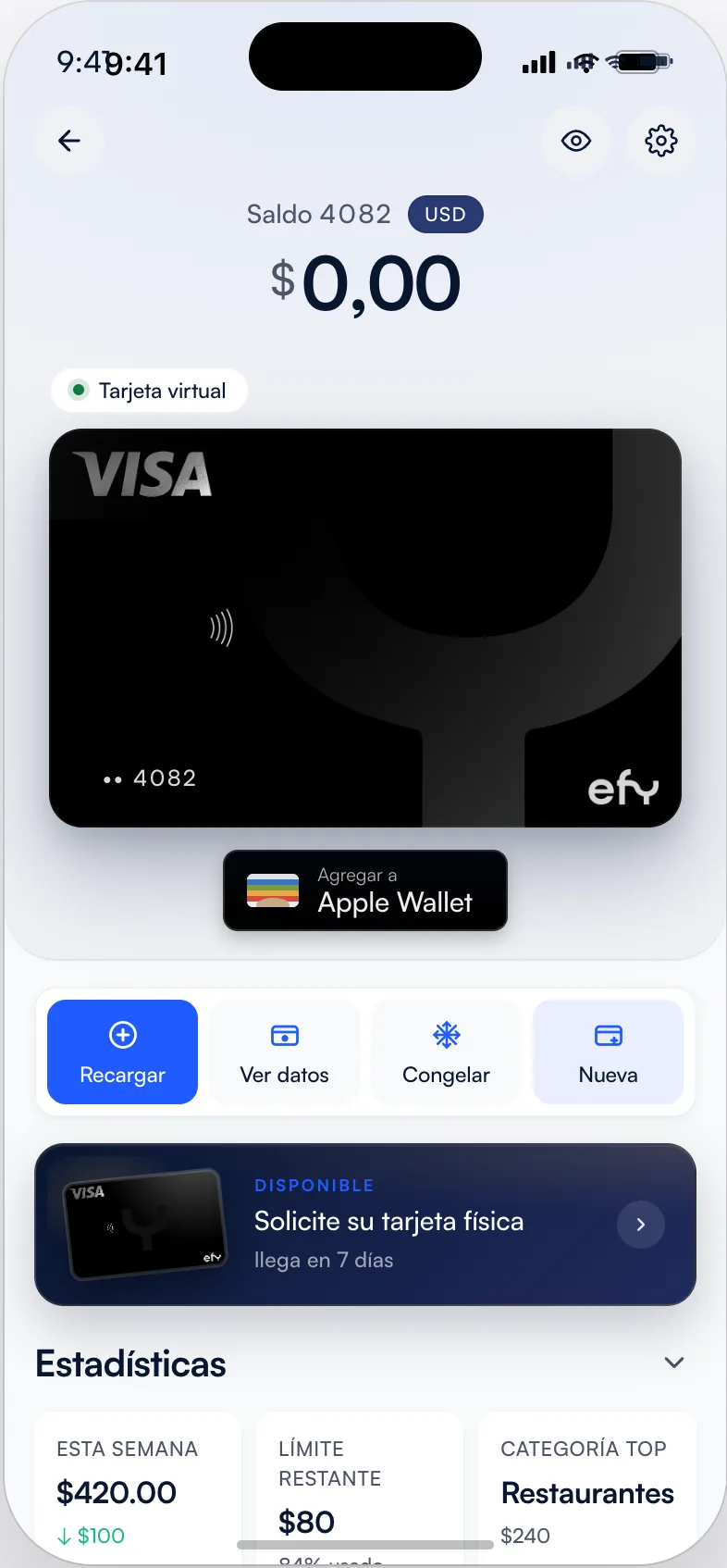 Vista de efy Card en la app EFY