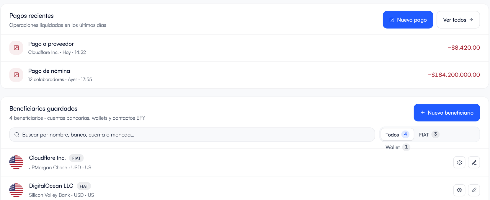 Pagos recientes en la plataforma efy